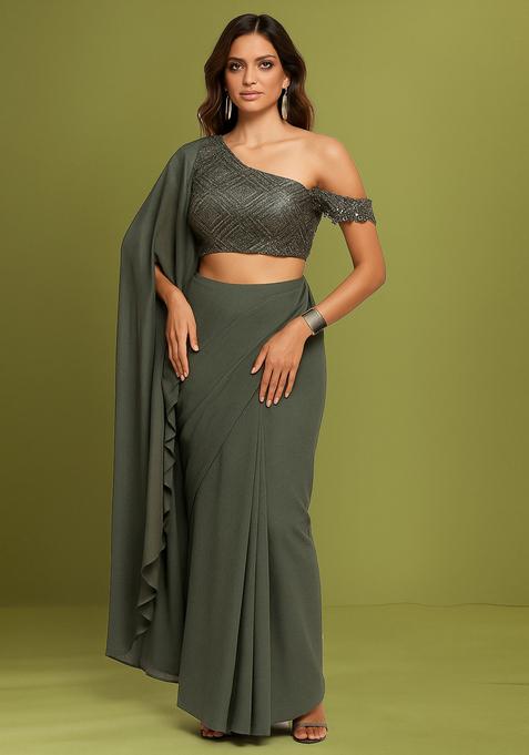 Green Embellished Net Fusion Set