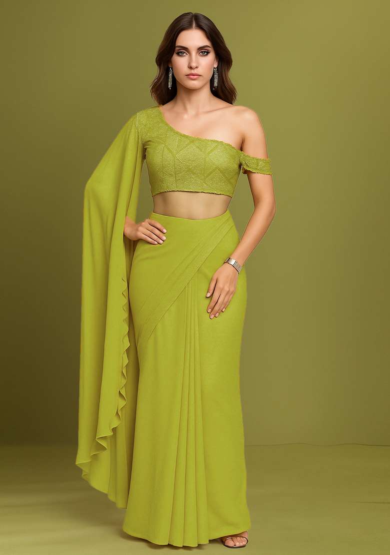 Yellow Embellished Net Fusion Set - Indya