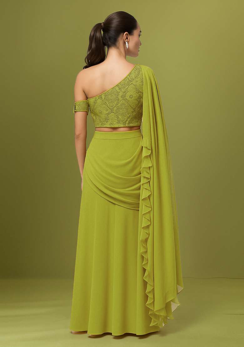 Yellow Embellished Net Fusion Set - Indya