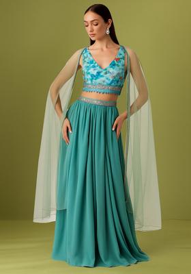 Blue Embroidered Georgette Fusion Set