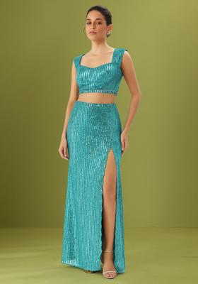 Blue Sequin Embellished Net Fusion Set