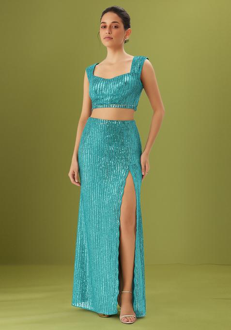 Blue Sequin Embellished Net Fusion Set