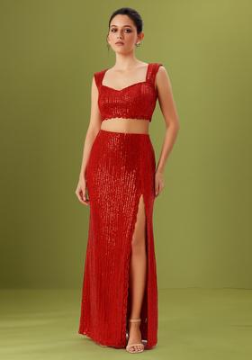 Red Sequin Embellished Net Fusion Set