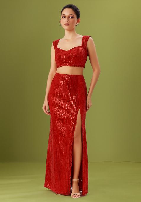Red Sequin Embellished Net Fusion Set