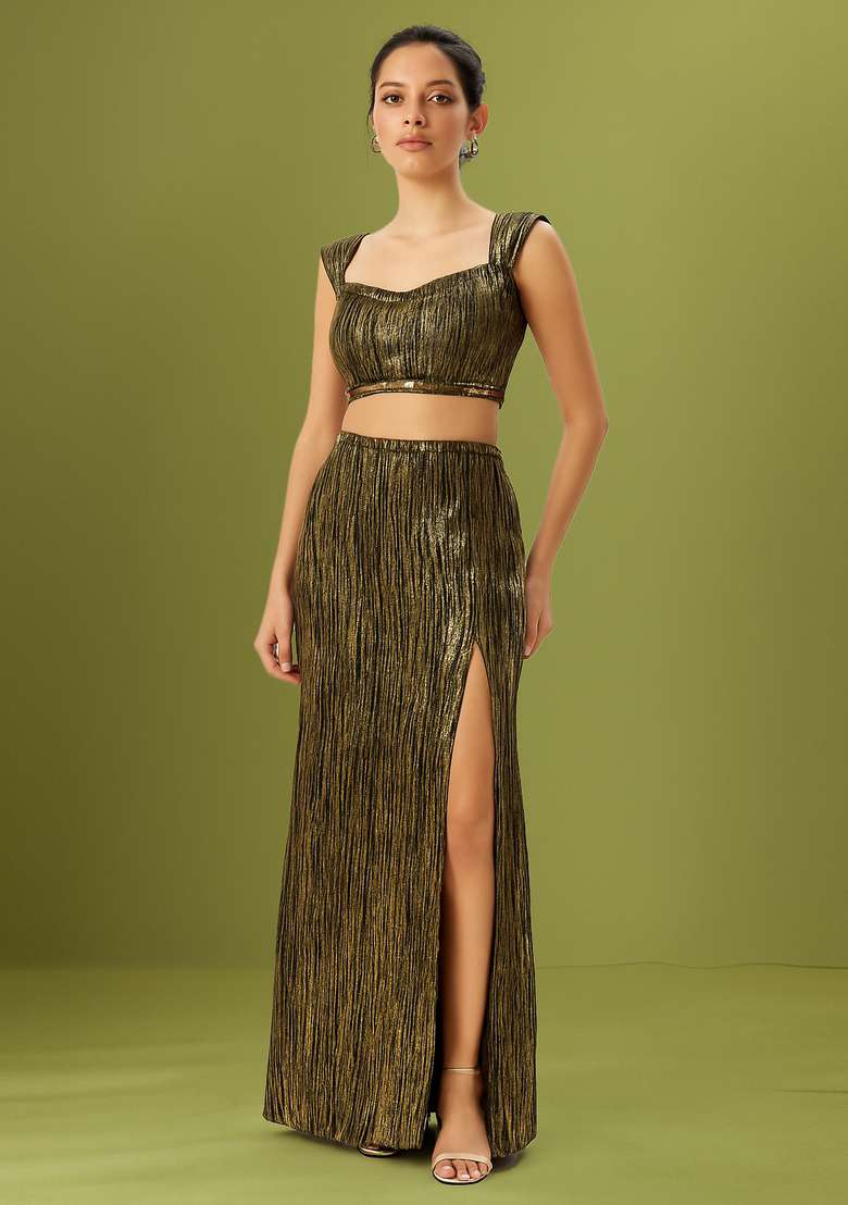 Gold Embellished Net Fusion Set - Indya