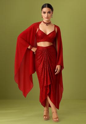 Red Sequin Embellished Net Fusion Set