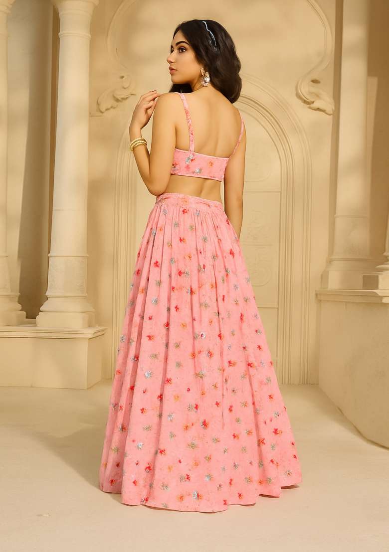 Pink Embroidered Chanderi Fusion Set - Indya