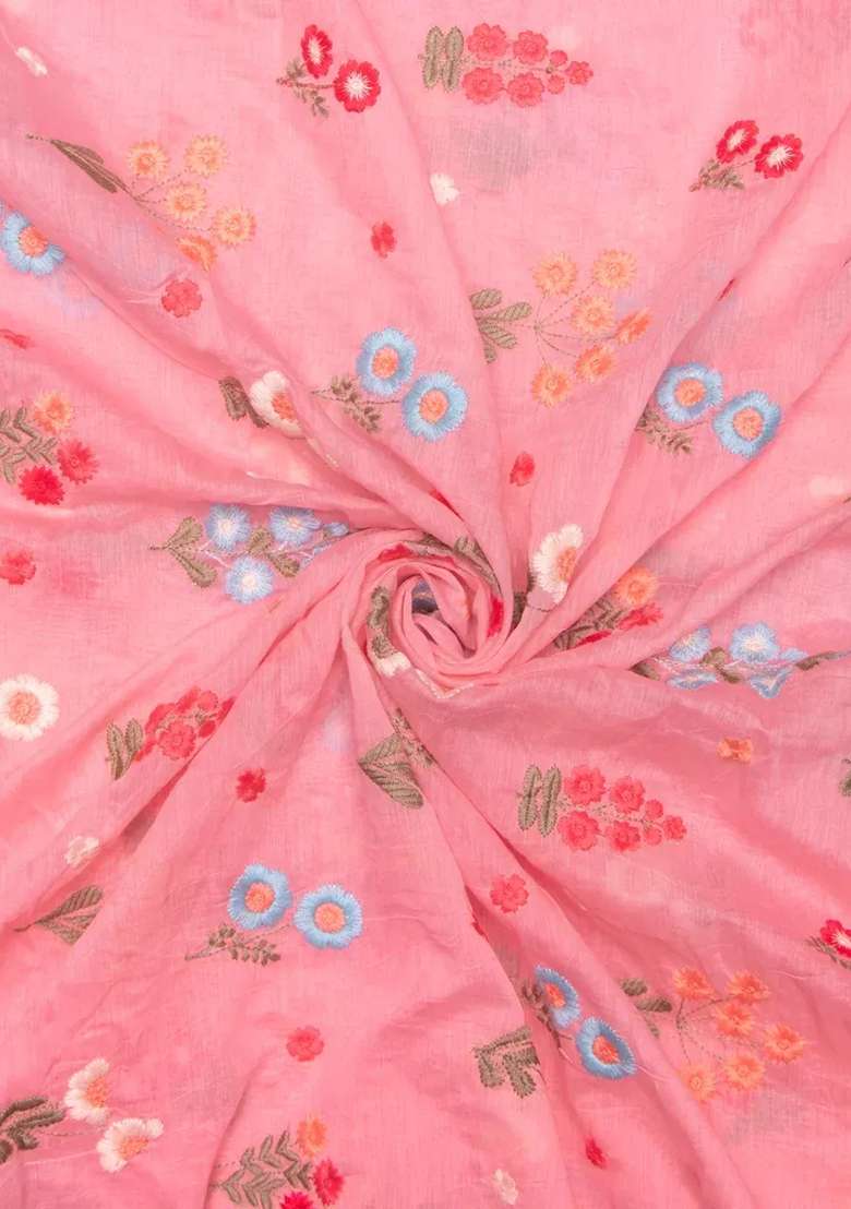 Pink Embroidered Chanderi Fusion Set - Indya