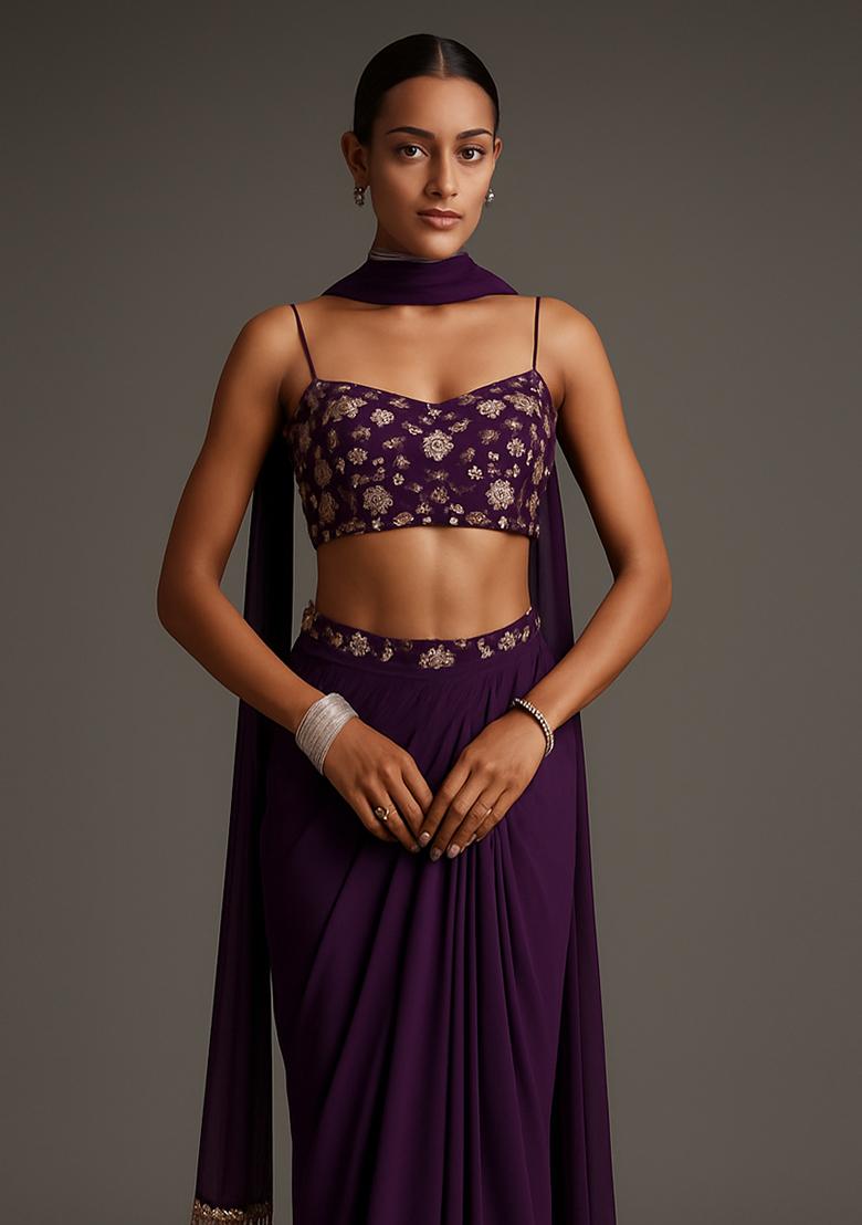 Purple Sequin Embellished Blouse Georgette Fusion Set - Indya