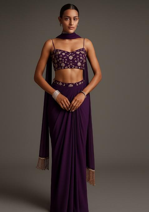 Purple Sequin Embellished Blouse Georgette Fusion Set