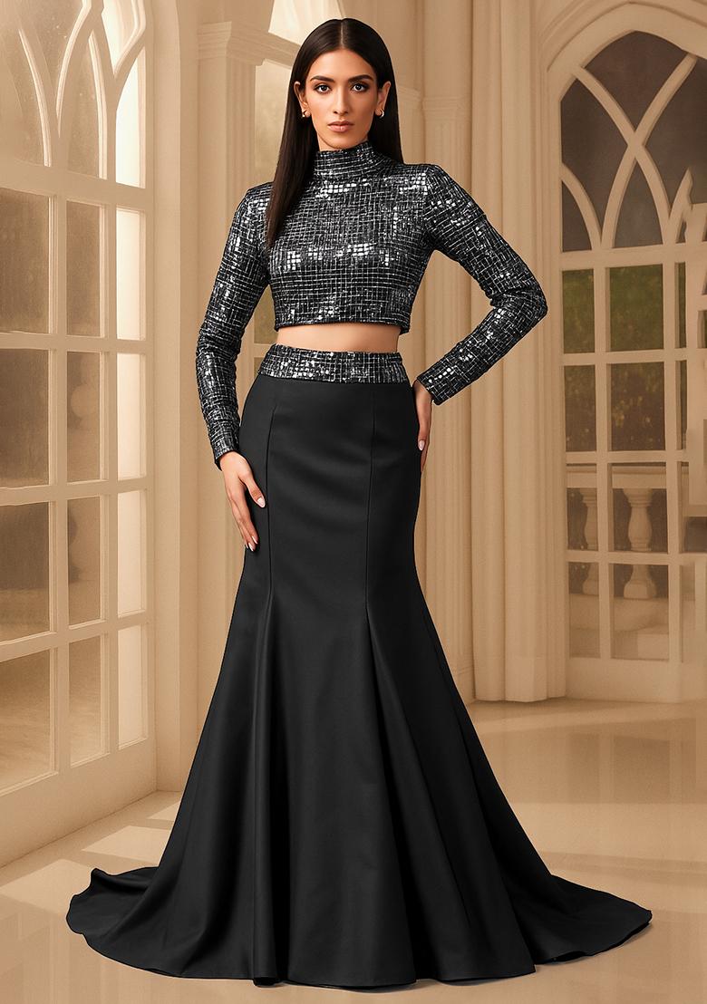 Black Embellished Blouse Georgette Fusion Set