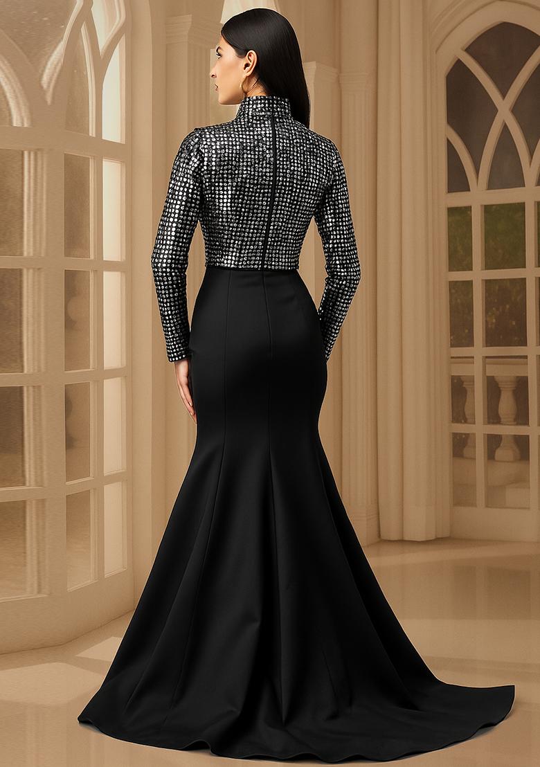 Black Embellished Blouse Georgette Fusion Set - Indya