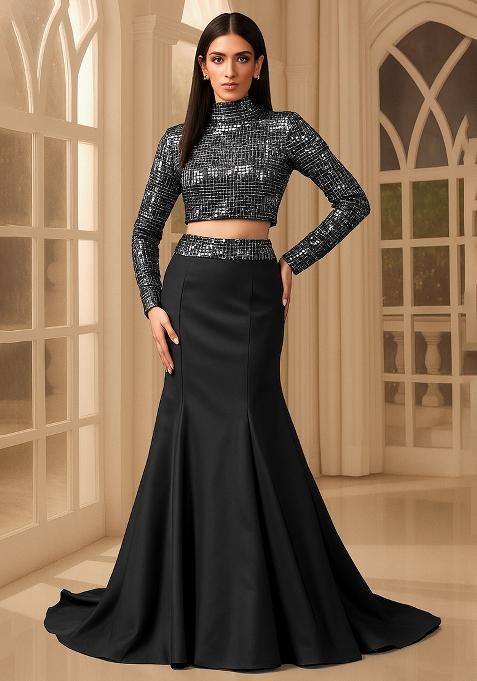 Black Embellished Blouse Georgette Fusion Set