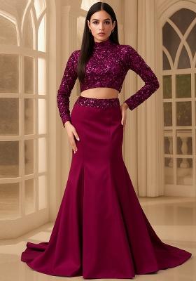 Wine Sequin Embellished Blouse Georgette Fusion Set