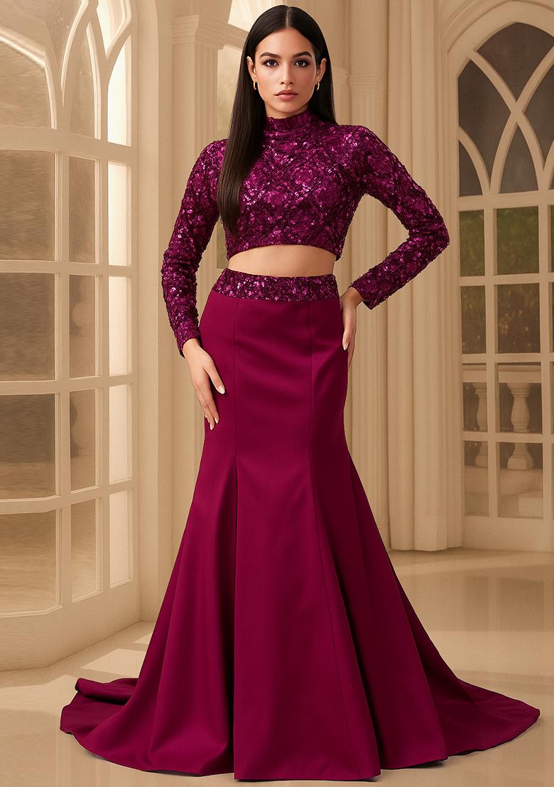 Wine Sequin Embellished Blouse Georgette Fusion Set