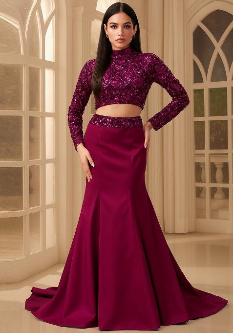 Wine Sequin Embellished Blouse Georgette Fusion Set