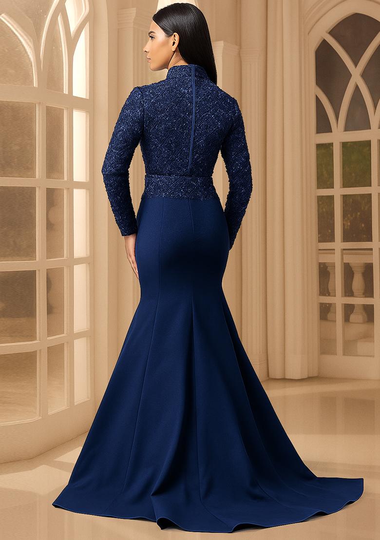 Blue Sequin Embellished Blouse Georgette Fusion Set - Indya