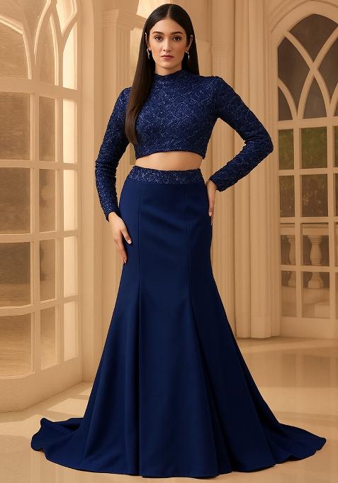 Blue Sequin Embellished Blouse Georgette Fusion Set