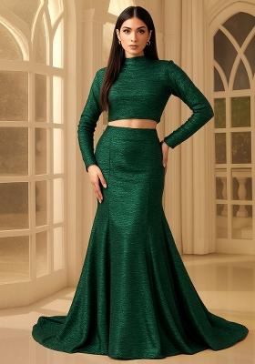 Bottle Green Self Design Blouse Polyester Fusion Set