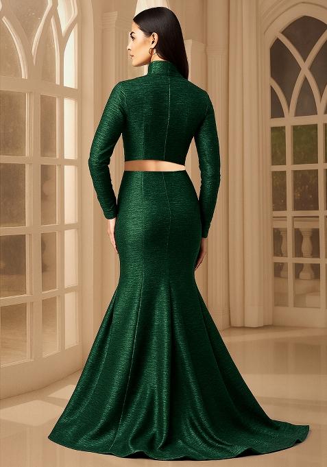 Bottle Green Self Design Blouse Polyester Fusion Set