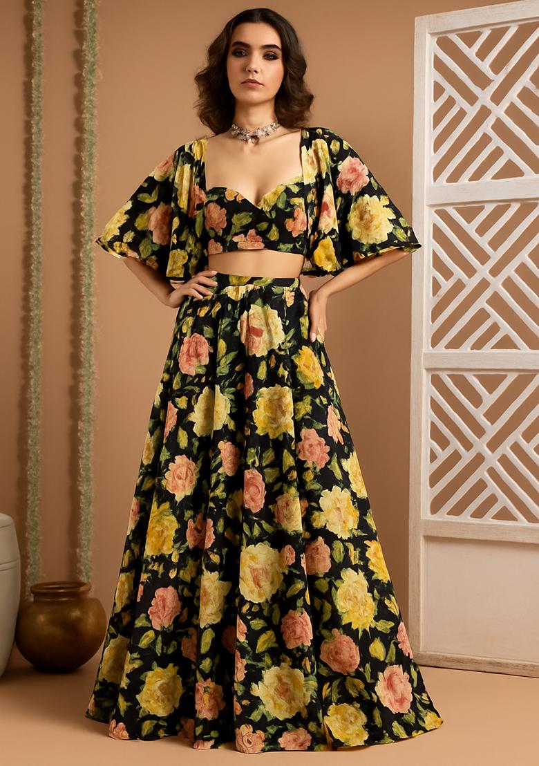 Green Printed Crepe Lehenga Set