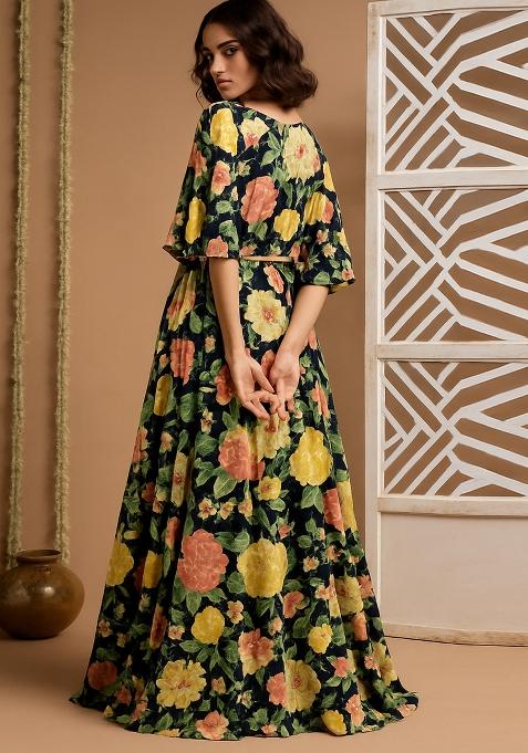 Green Printed Crepe Lehenga Set