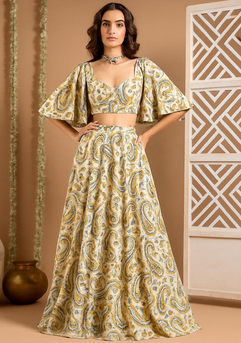Yellow Printed Crepe Lehenga Set