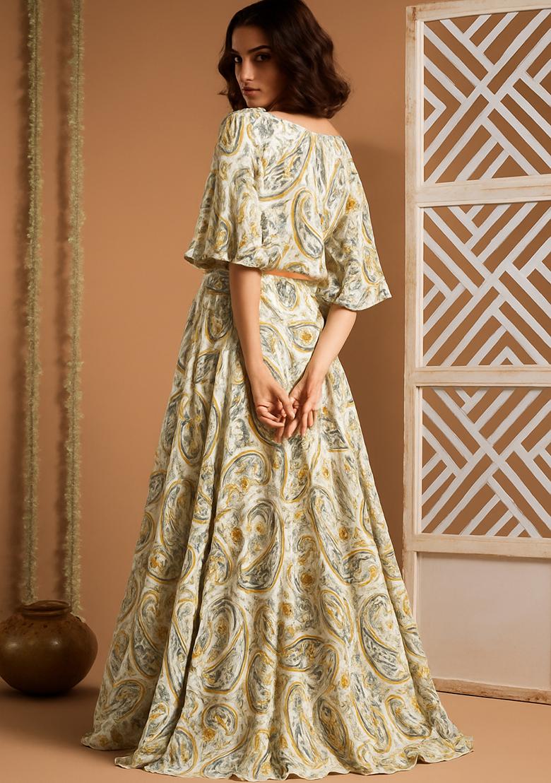 Yellow Printed Crepe Lehenga Set - Indya
