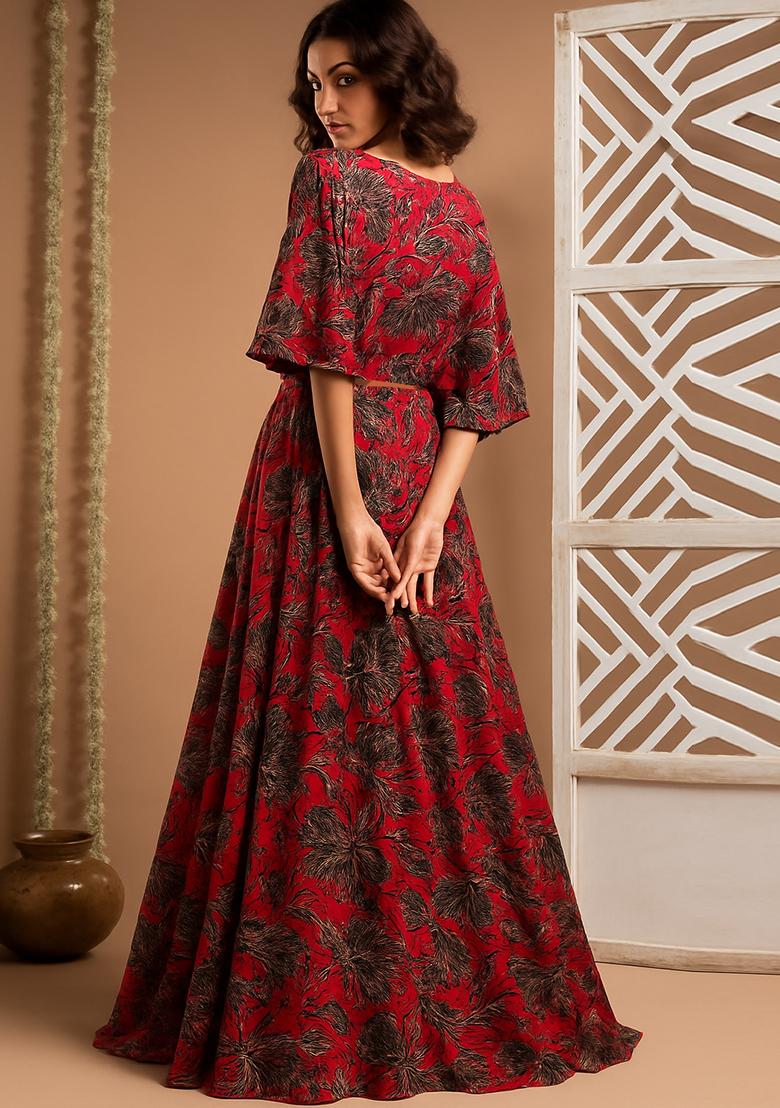 Red Printed Crepe Lehenga Set - Indya