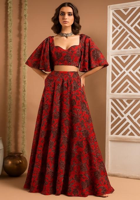 Red Printed Crepe Lehenga Set