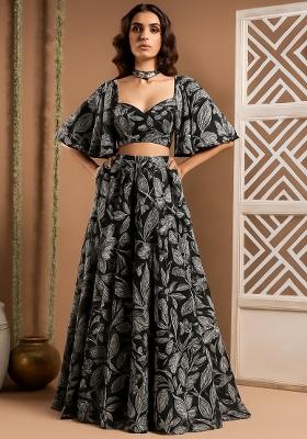 Black Printed Crepe Lehenga Set