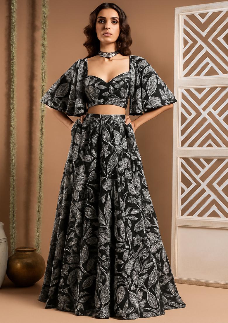 Black Printed Crepe Lehenga Set
