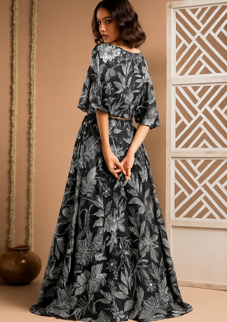 Black Printed Crepe Lehenga Set - Indya