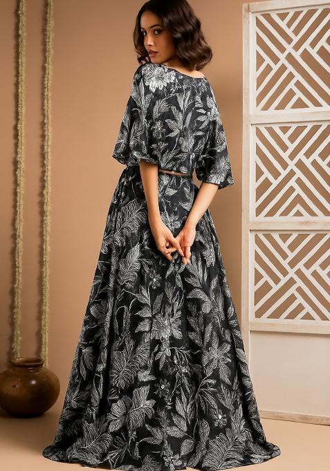 Black Printed Crepe Lehenga Set
