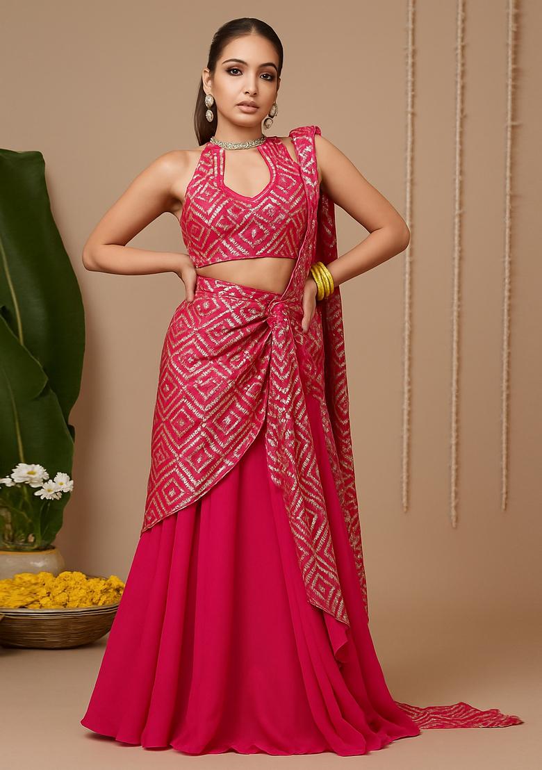 Pink Embroidered Georgette Lehenga Set