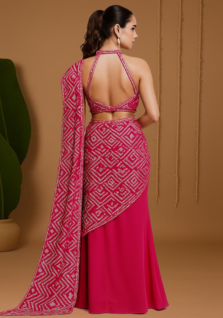 Pink Embroidered Georgette Lehenga Set - Indya
