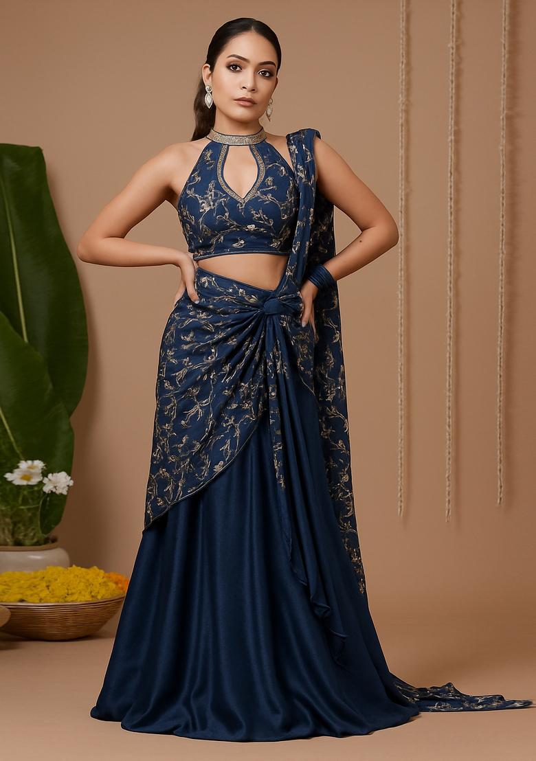 Blue Embroidered Chanderi Lehenga Set