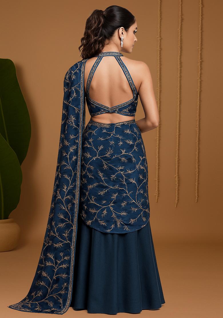 Blue Embroidered Chanderi Lehenga Set - Indya