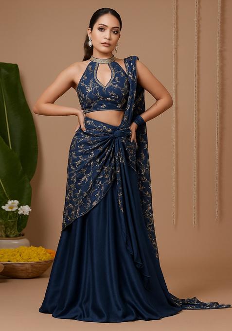 Blue Embroidered Chanderi Lehenga Set