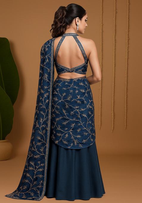 Blue Embroidered Chanderi Lehenga Set