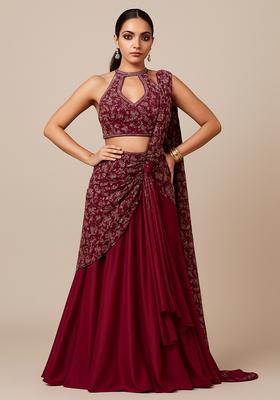 Wine Embroidered Georgette Lehenga Set