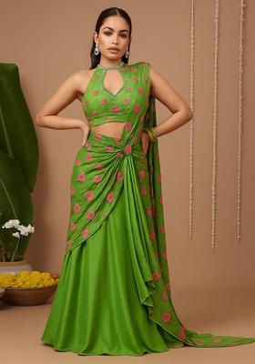 Green Embroidered Chanderi Lehenga Set