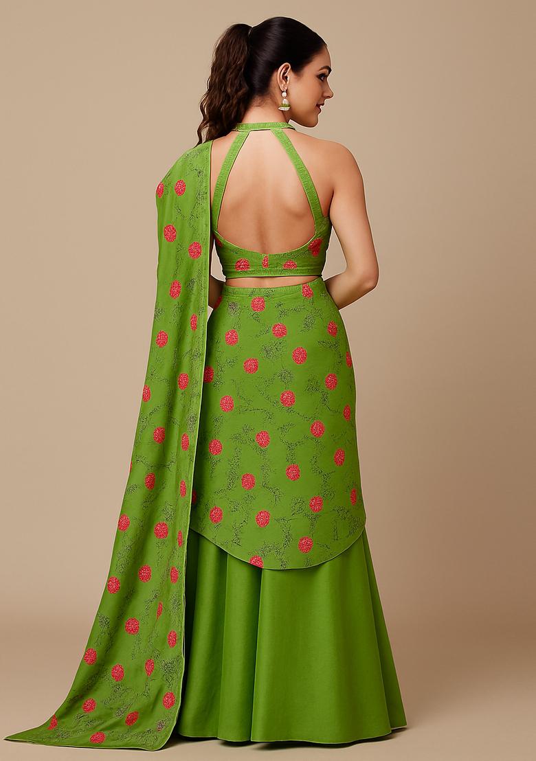 Green Embroidered Chanderi Lehenga Set - Indya