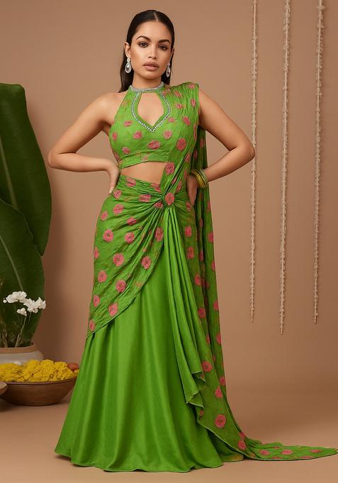 Green Embroidered Chanderi Lehenga Set