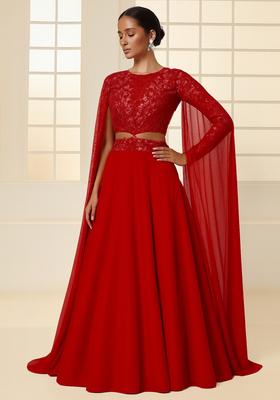 Red Sequin Georgette Fusion Set