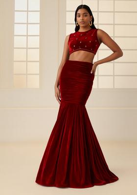 Maroon Solid Crepe Fusion Set