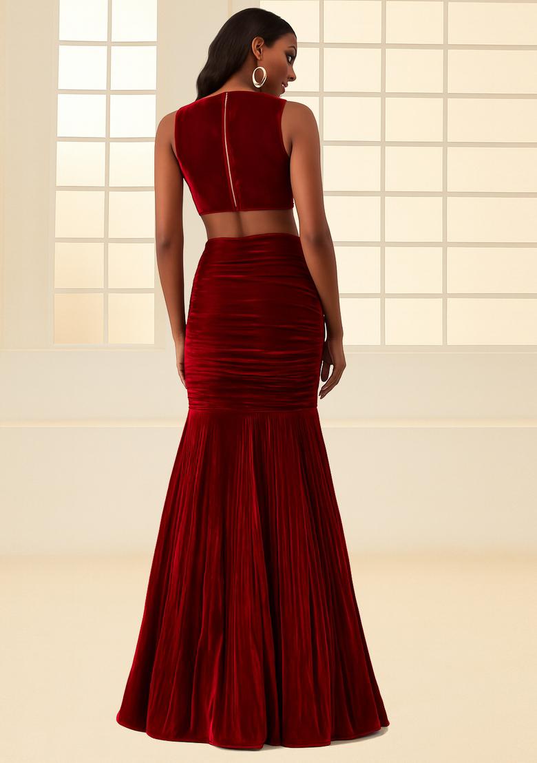 Maroon Solid Crepe Fusion Set - Indya