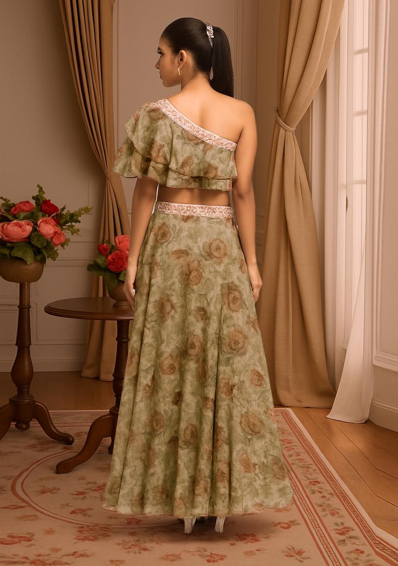 Khakhee Brown Embroidered Georgette Fusion Set - Indya