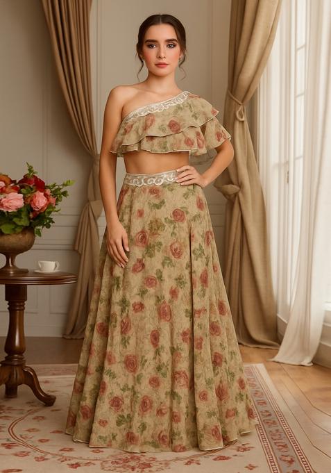 Khakhee Brown Embroidered Georgette Fusion Set
