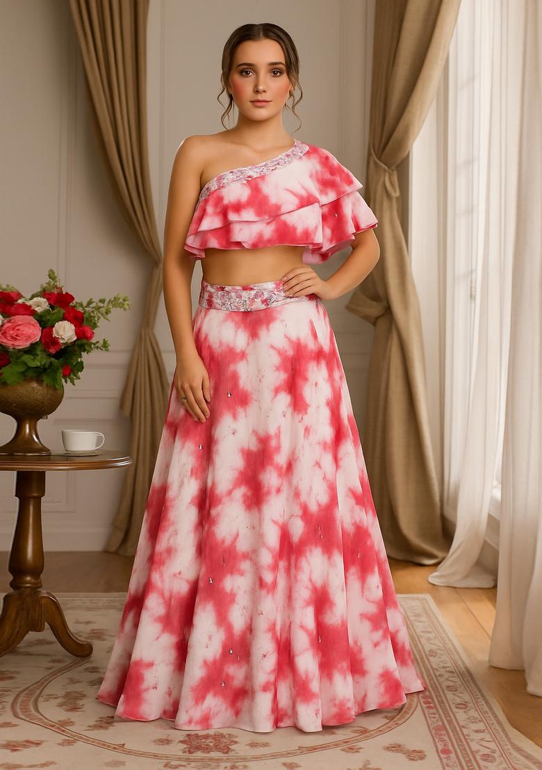 Pink Printed Georgette Lehenga Set